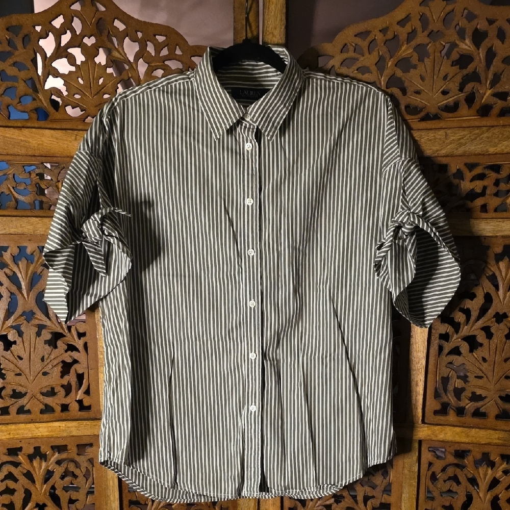 🌟 Ralph Lauren Taupe and White Striped Casual Shirt